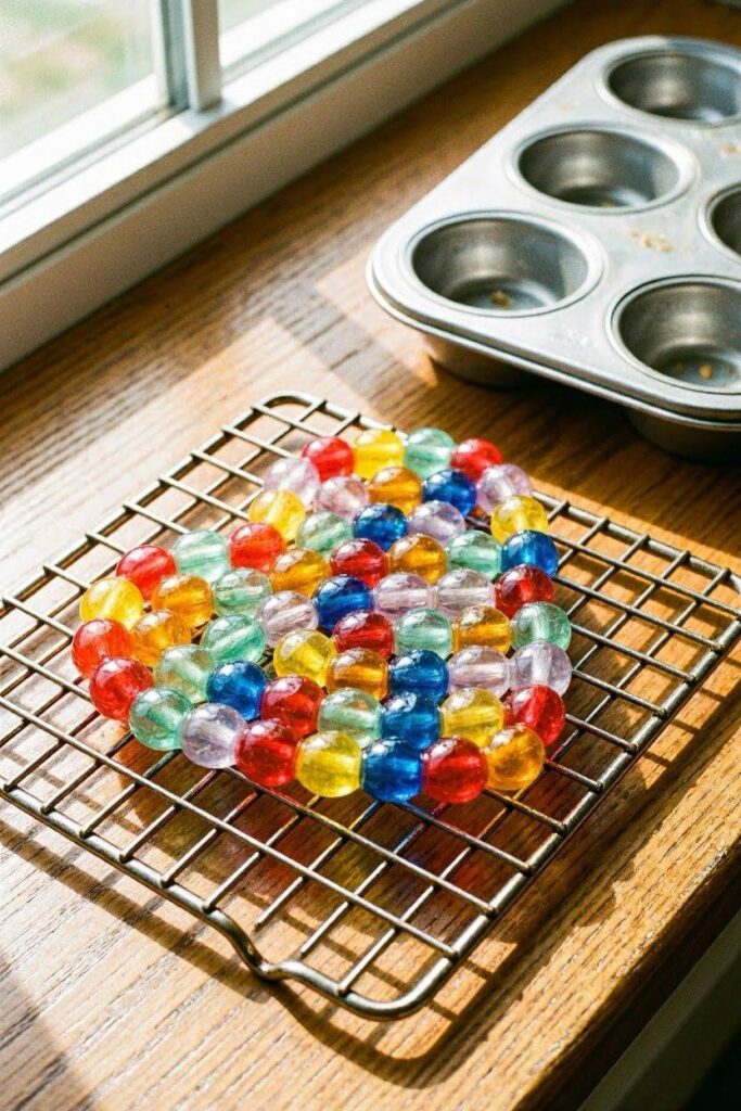 A_cooled_fused_pony-bead_suncatcher_in_a_heart_shape_sitting.