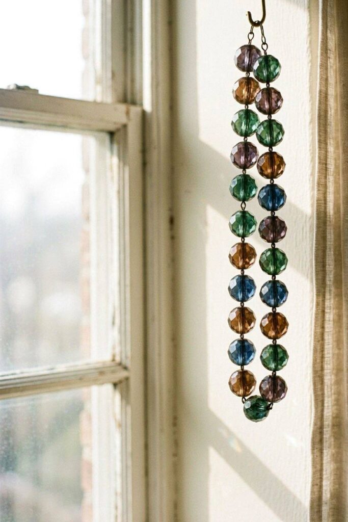 A_hanging_strand_of_large_faceted_glass_beads_in_muted_jewel-bead-crafts-for-seniors.