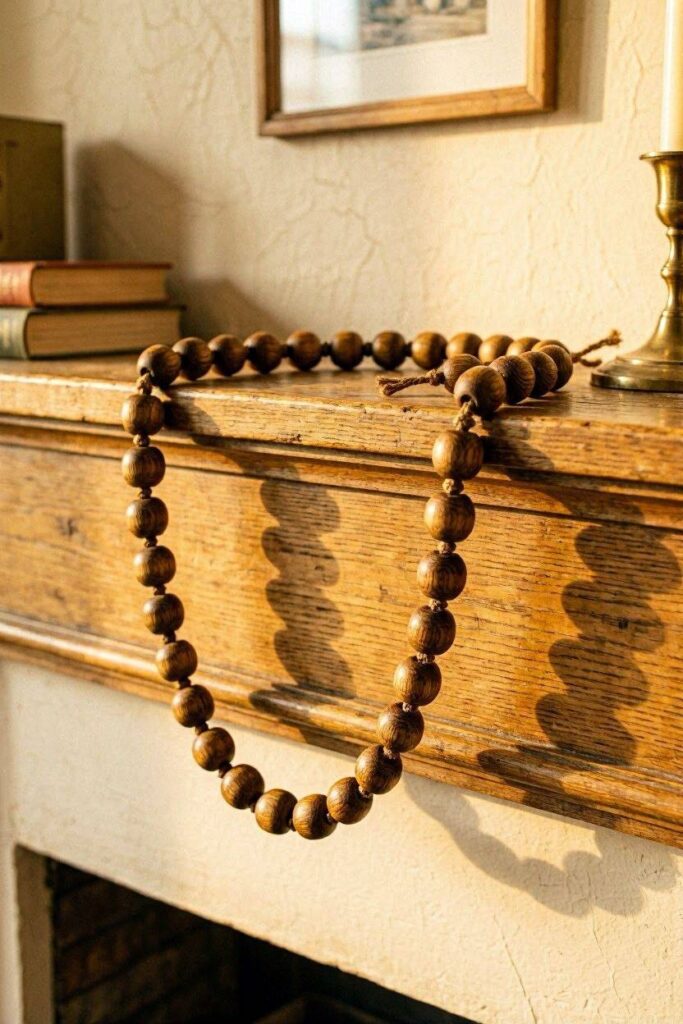 A_long_knotted_wooden-bead_garland_draped_loosely_along_a_martel