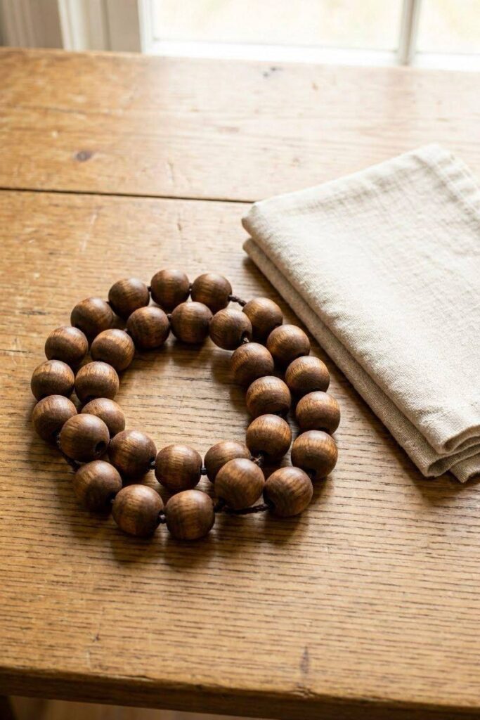 A_loop_of_large_matte_wooden_beads_coiled_on_a_wooden_table-bead-crafts-for-seniors.