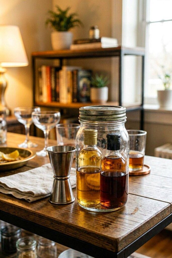 A_mason_jar_filled_with_a_few_mini_spirit_bottles