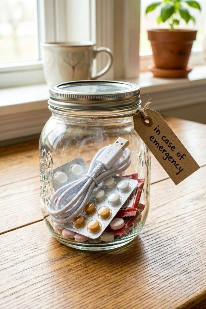 A_mason_jar_filled_with_aspirin_packets_mints_and_a_coiled-mason-jar-birthday-gifts-for-men