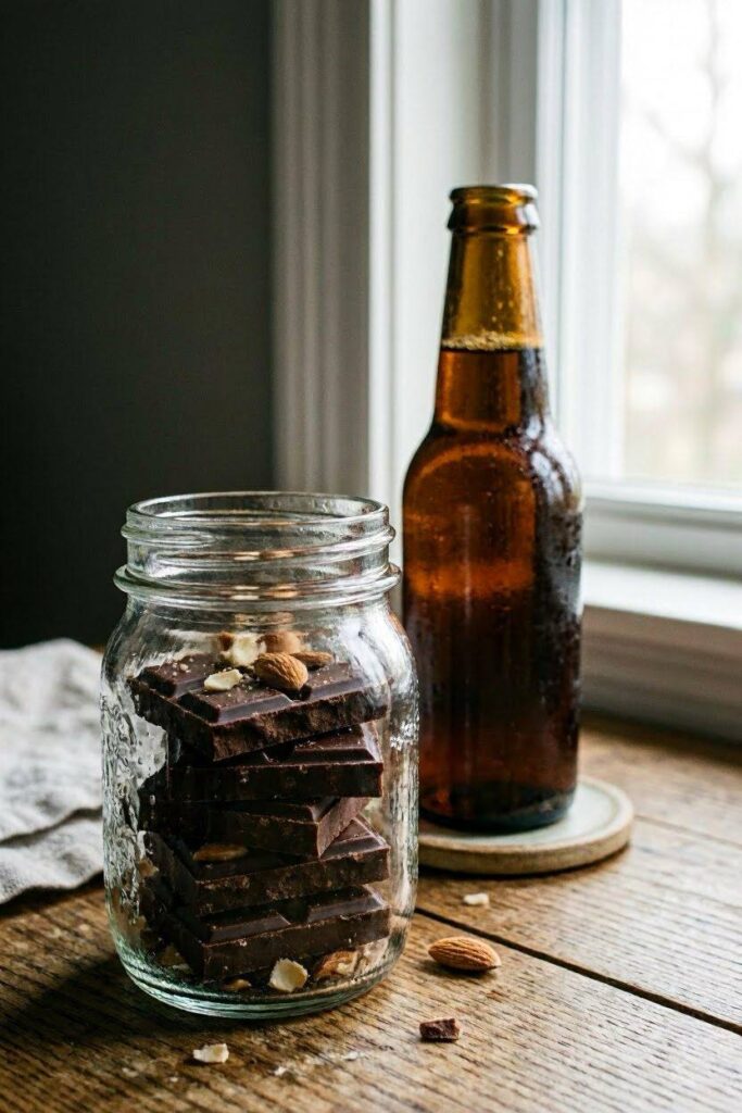 A_mason_jar_filled_with_dark_chocolate_squares_and_smoked