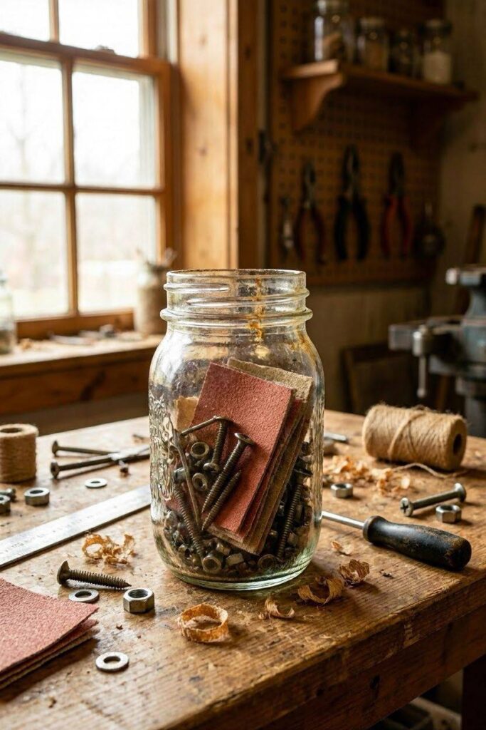 A_mason_jar_filled_with_folded_sandpaper_sheets_screws