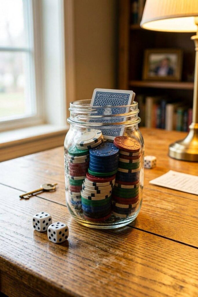 A_mason_jar_filled_with_poker_chips_and_a_deck_of_cards_peek.