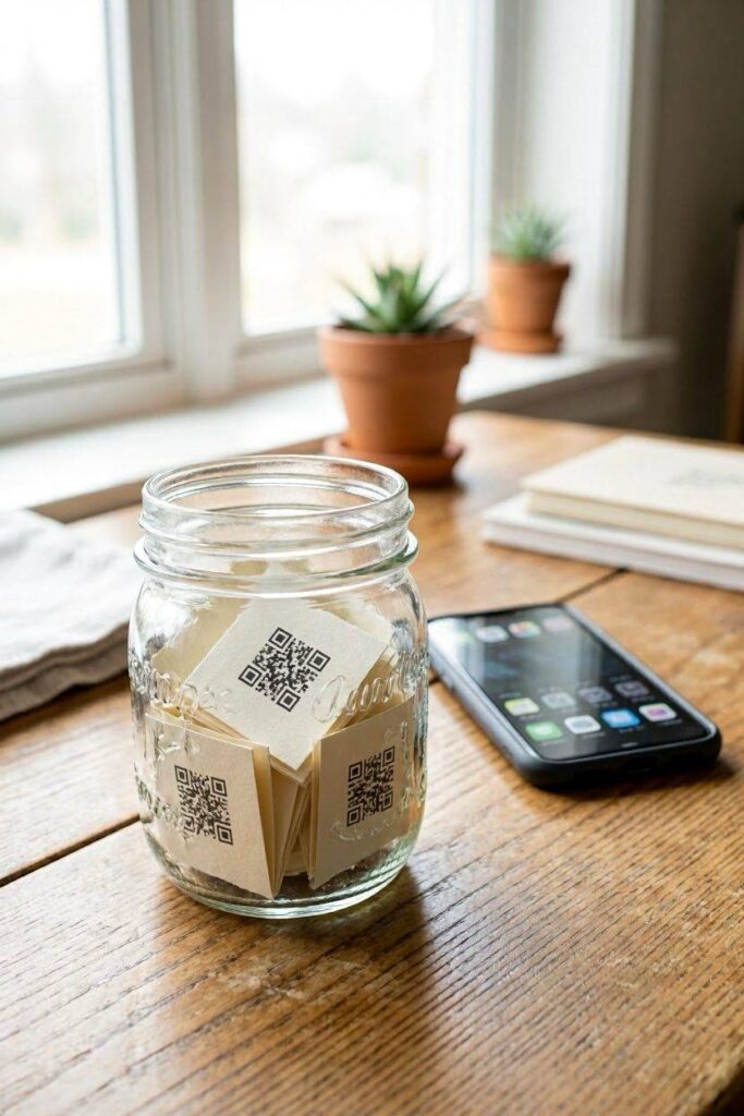 A_mason_jar_filled_with_small_folded_cards_each_with_a_tiny-scan-codes
