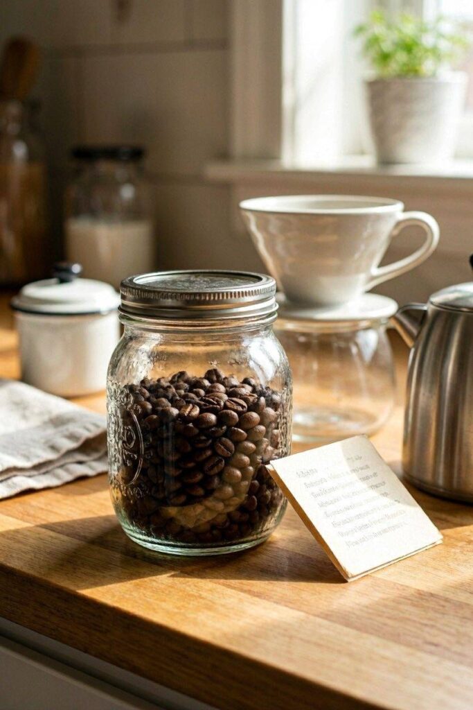 A_mason_jar_filled_with_whole_coffee_beans_a_small_folded