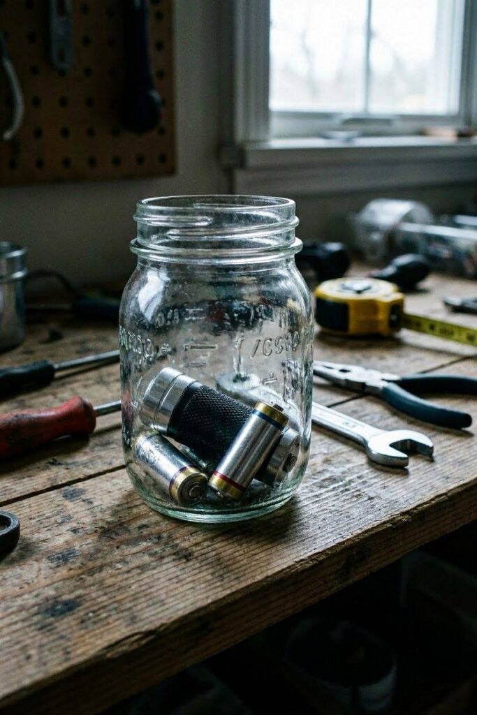 A_mason_jar_holding_a_compact_flashlight_and_a_few_loose_battery