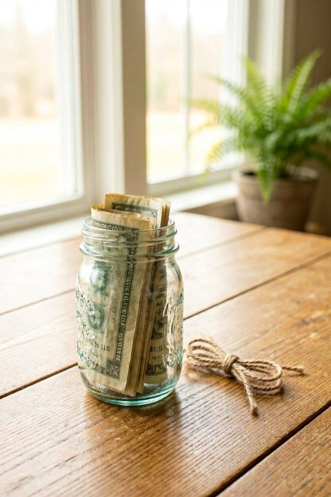 A_mason_jar_with_folded_bills_styled_upright_inside_sitting-on-a-table