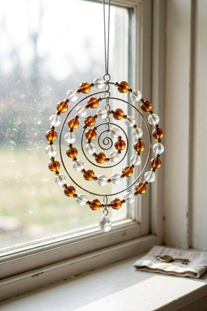 A_memory-wire_spiral_suncatcher_strung_with_amber_and_clear.