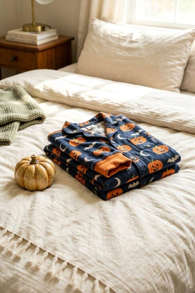 A_pair_of_folded_Halloween-print_pajamas_or_socks_placed-on-a-bed-another-DIY-Halloween-gift-bags-for-grandchildren