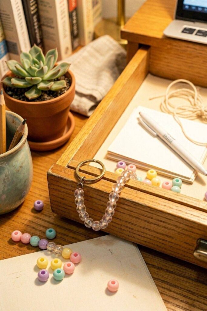 A_short_pony-bead_keychain_in_soft_pastel_tones_looped_over
