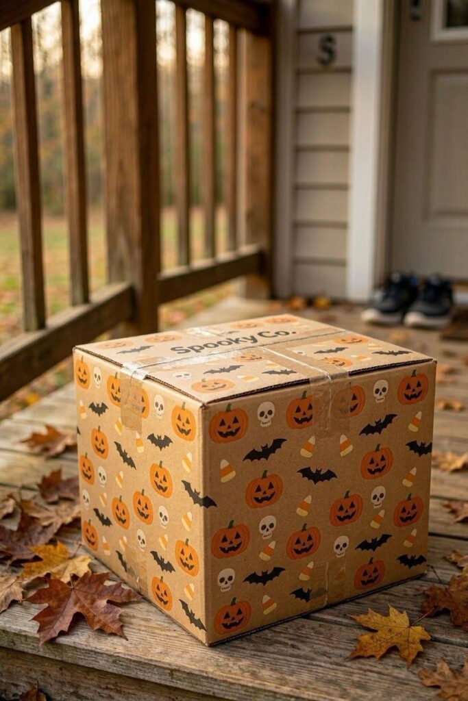 A_simple_branded_box_with_a_repeating_Halloween_design_sitting-on-a-table