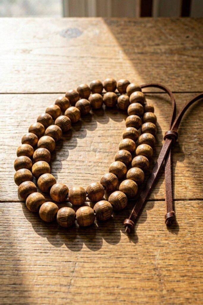 A_single_strand_of_large_natural-wood_beads_laid_in_loose_thread