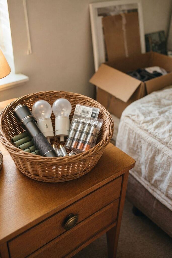 A_small_basket_with_a_compact_flashlight_a_couple_of_plug-in-DIY-housewarming-gift-baskets-for-new-neighbors.