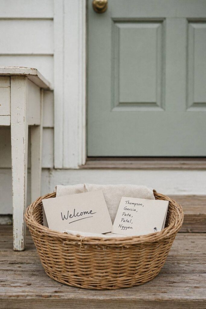 A_small_basket_with_a_handwritten_welcome_card_and_a_folded