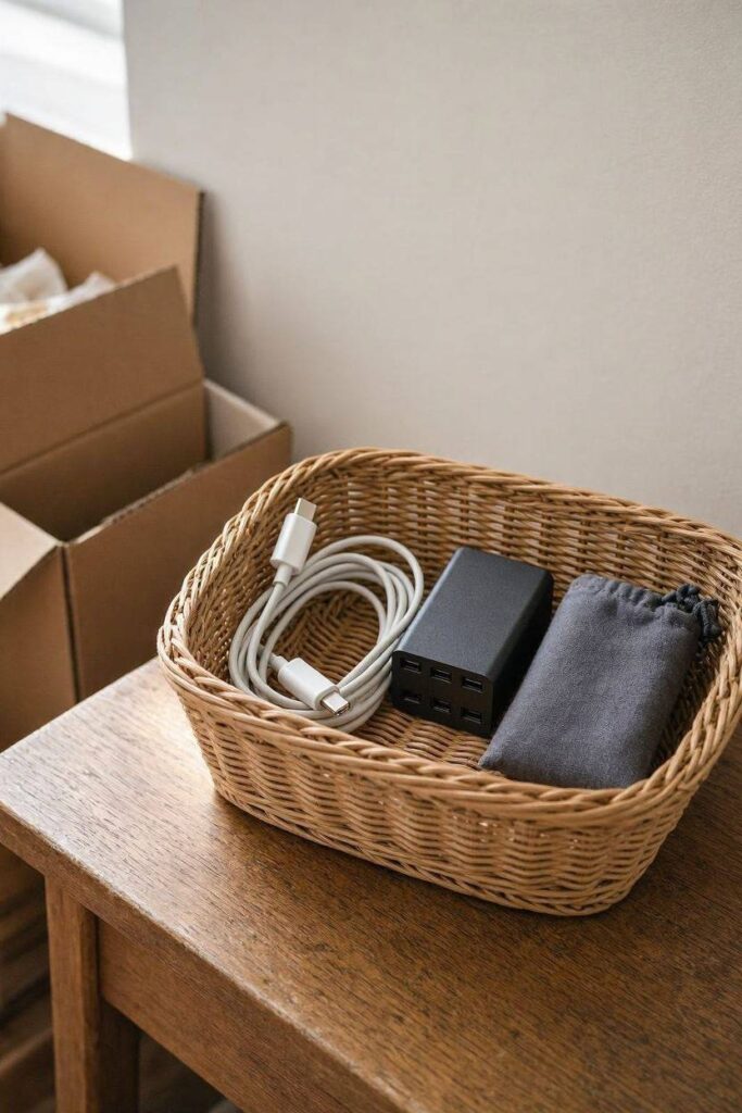A_small_basket_with_a_neatly_coiled_phone_charger_a_compact-DIY-housewarming-gift-baskets-for-new-neighbors.