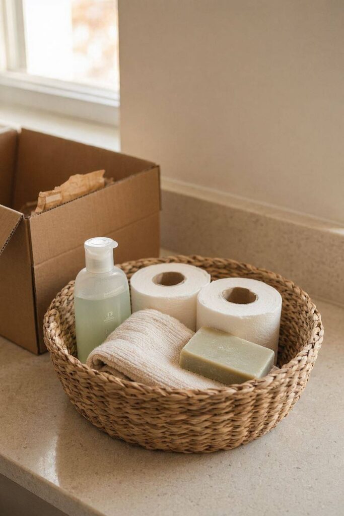 A_small_basket_with_rolled_toilet_paper_a_folded_hand_towel.