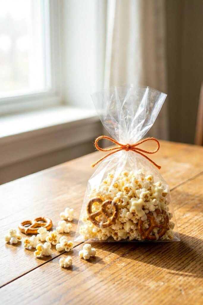 A_small_cellophane_bag_filled_with_popcorn_pretzels_and_whit