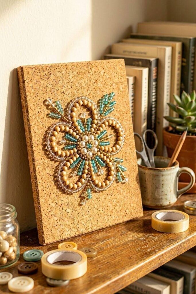 A_small_cork_board_with_a_raised_flower_pattern_made_from_mini-beads