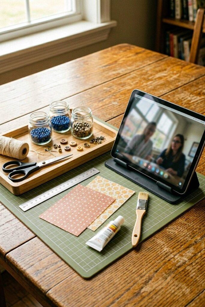 A_small_craft_kit_laid_out_next_to_a_tablet_propped_up