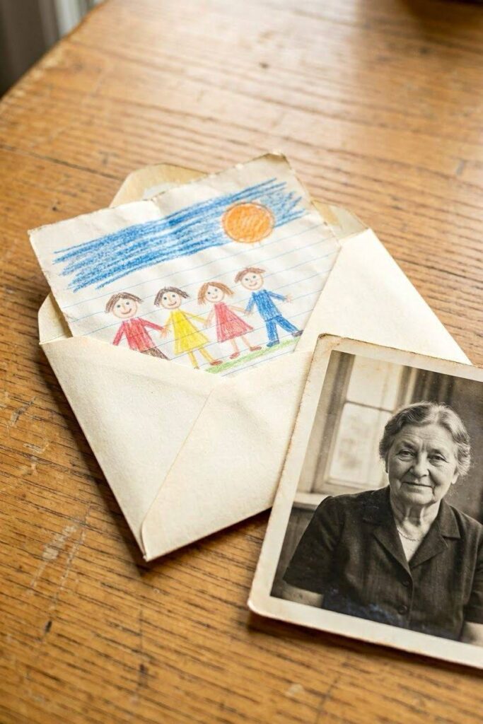 A_small_envelope_with_a_childs_drawing_peeking_out