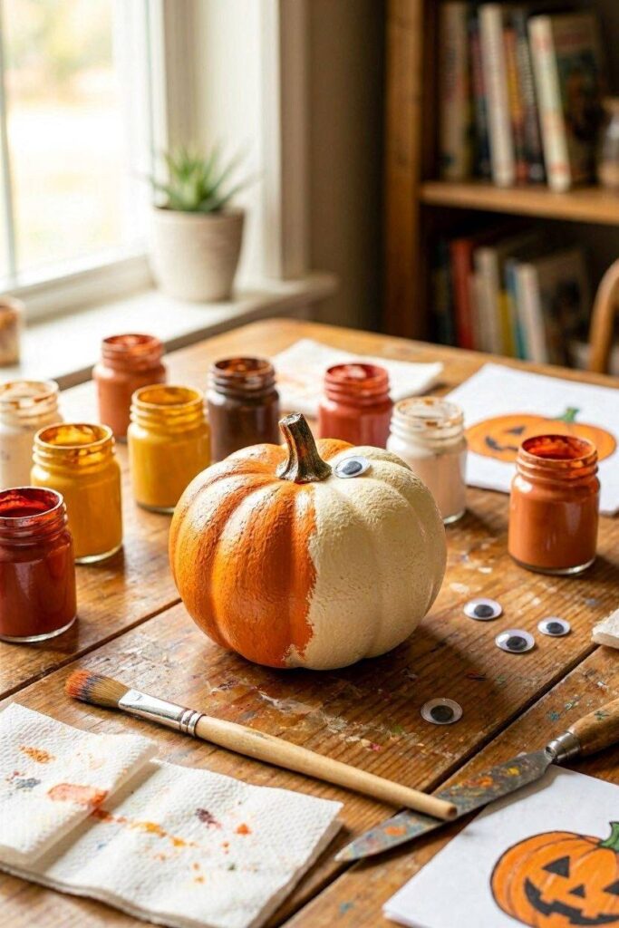 A_small_foam_pumpkin_partly_painted_sitting_on_a_table_surronding-it