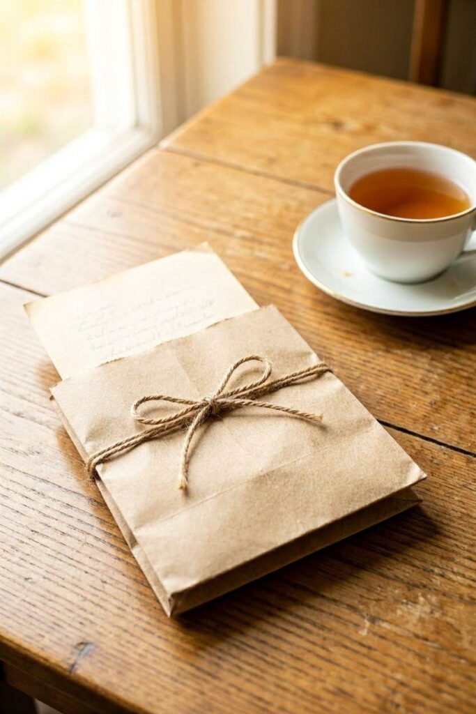 A_small_kraft_bag_with_a_folded_handwritten_letter_peeking_out