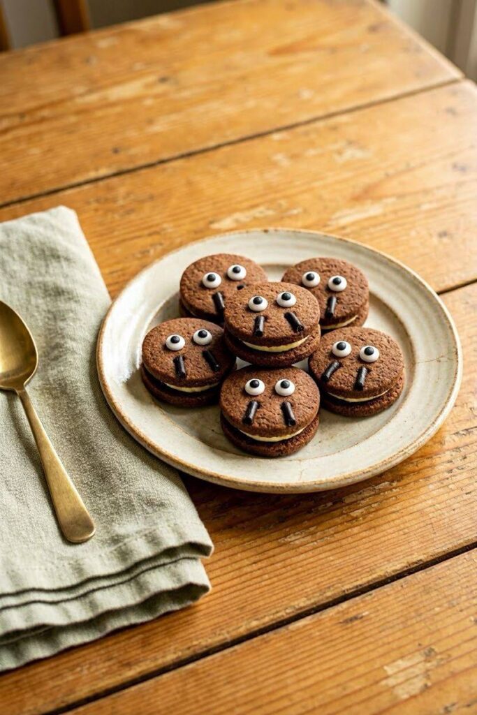 A_small_plate_of_sandwich_cookies_with_licorice_legs_and_can.
