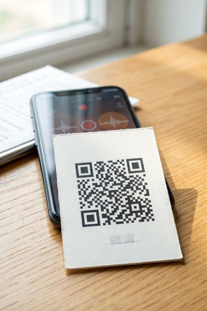 A_small_printed_card_with_a_QR_code_resting_against_a_phone