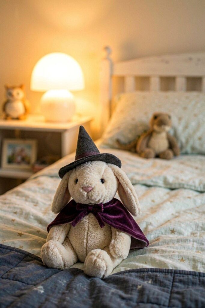 A_soft_stuffed_animal_wearing_a_tiny_witch_hat_or_cape_sitting-on-a-bed