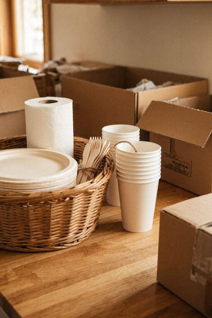 A_woven_basket_filled_with_stacked_paper_plates_a_roll_of_paper