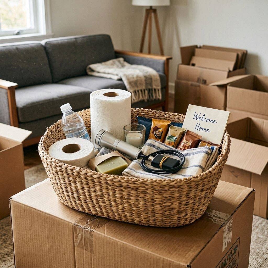 A_woven_basket_sitting_on_a_cardboard_moving_box