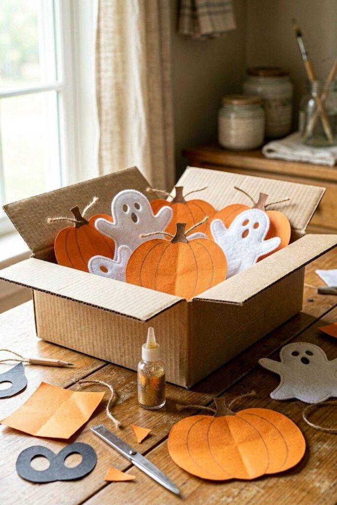 An_open_box_filled_with_paper_pumpkins_felt_ghost_shapes