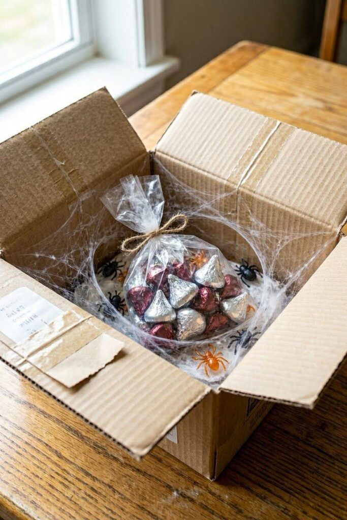 An_open_cardboard_shipping_box_filled_with_stretched_spiderweb