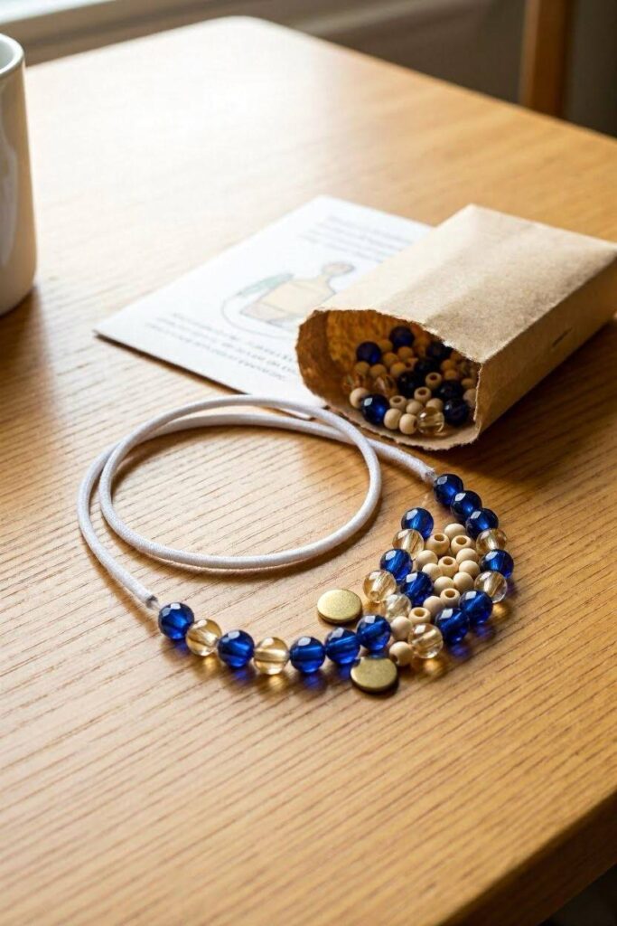 An_opened_bracelet_kit_with_pre-cut_elastic_cord_and_a_small.