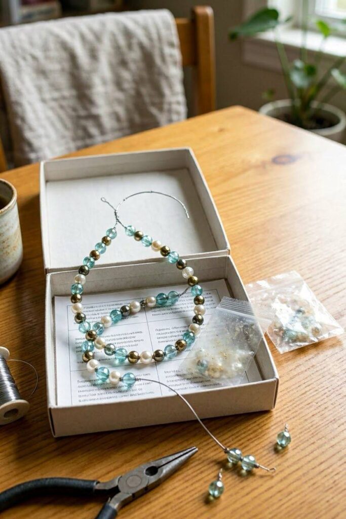 An_unfinished_beaded_ornament_kit_wire_frame_partially_strun.
