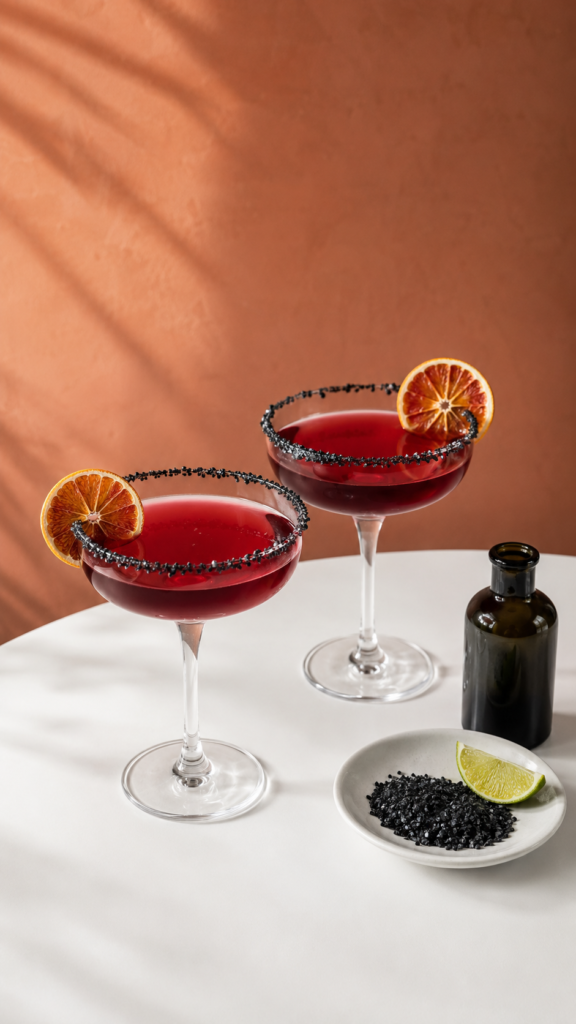 Cranberry-cocktails-with-black-salt-rims-easy-Halloween-crafts-for-adults.