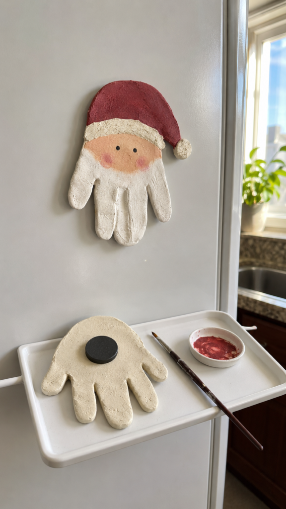Handprint-Santa-magnet-tutorial-in-kitchen.-Santa-handprint-crafts