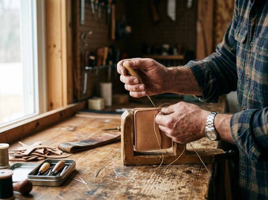 Man_stitching_leather_on_workbench-Leathercraft.