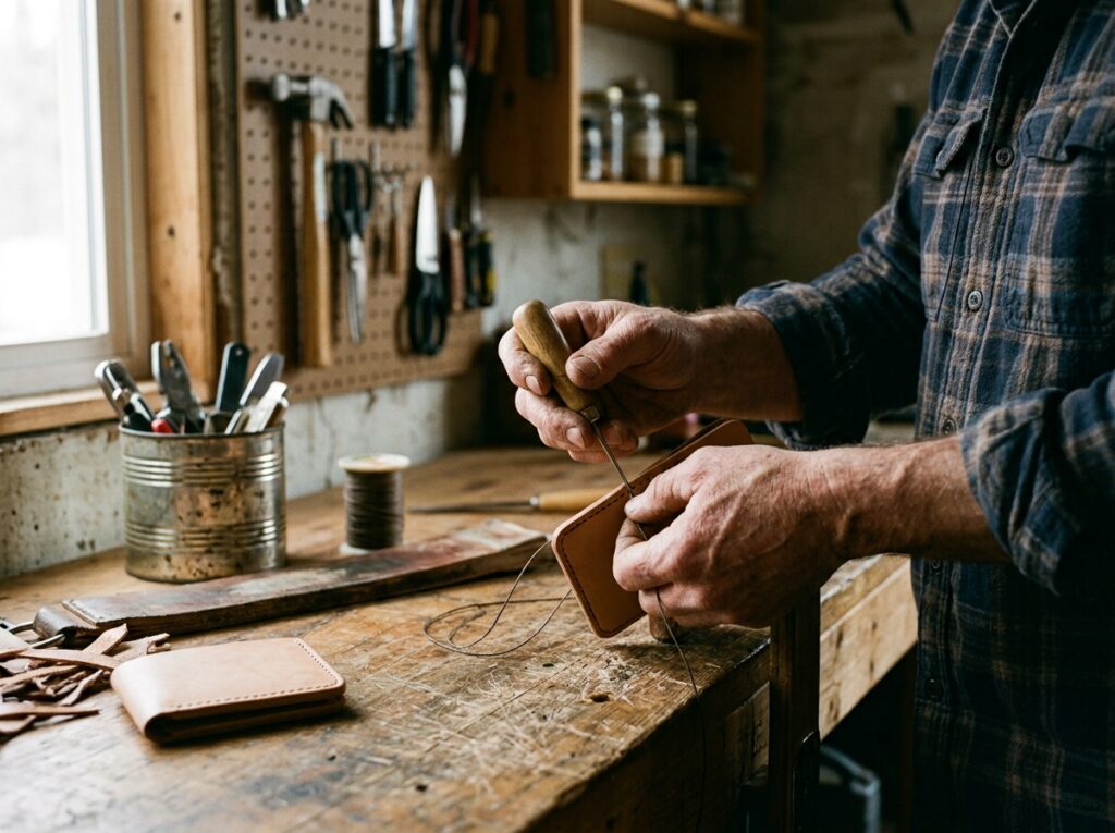 Man_stitching_leather_on_workbench_with-tools-on-the-table