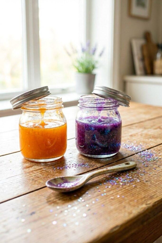 Two_small_lidded_jars_filled_with_orange_and_purple_slime