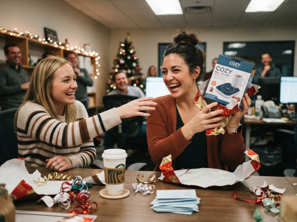 Woman_laughing_white_elephant_gift.