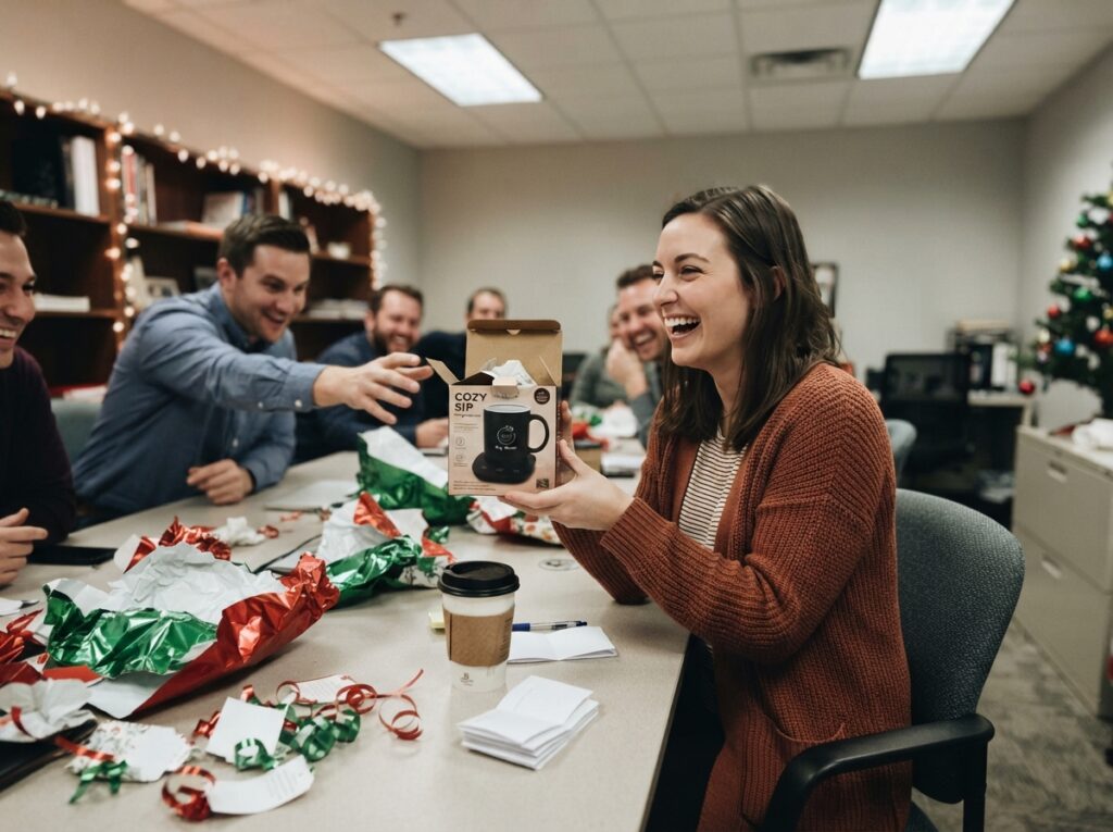 Woman_laughing_white_elephant_gifts