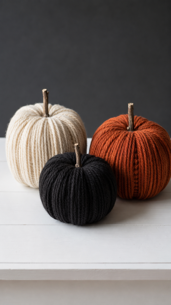 Yarn-wrapped-trio-of-autumn-pumpkins.-easy-Halloween-crafts-for-adults.
