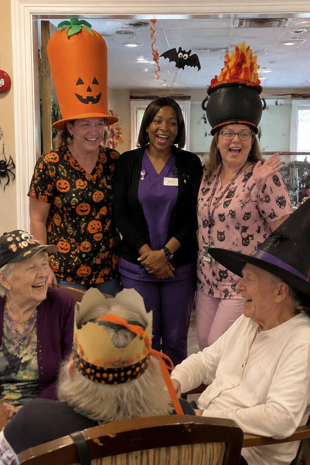 halloween-spirit-week-assisted-living-crazy-hat-day-staff-hats