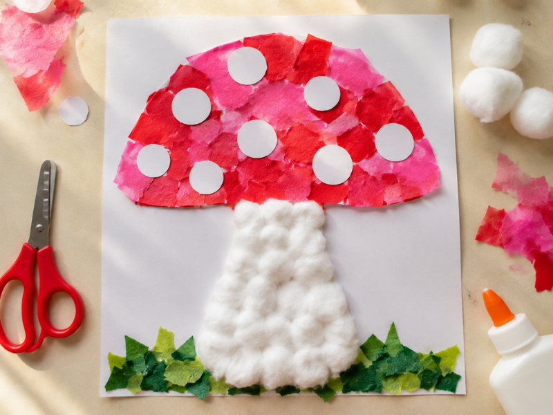 mushroom-crafts-for-kids-cotton-ball-collage