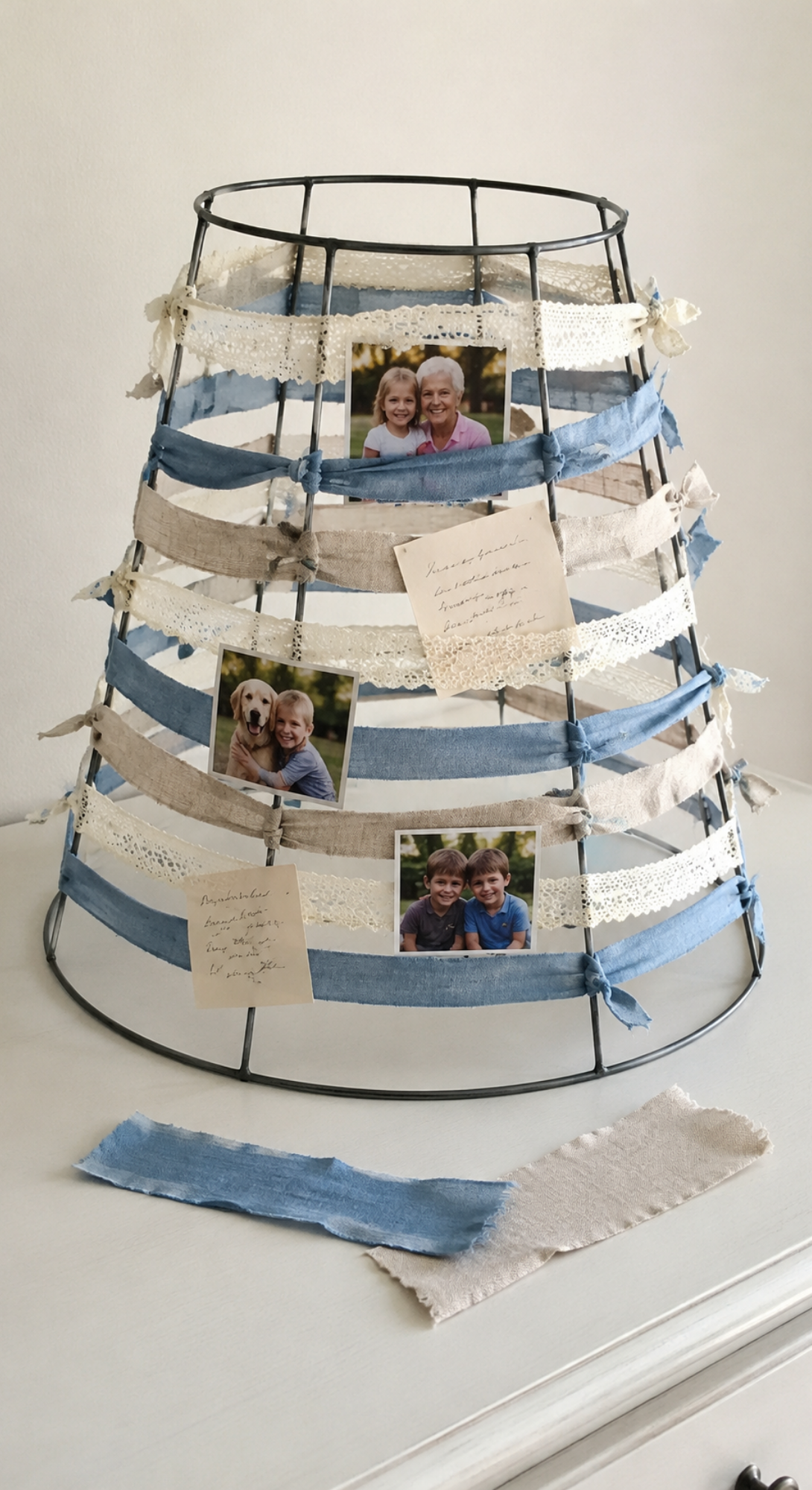 recycled-crafts-for-seniors-woven-lampshade-frame-memory-display