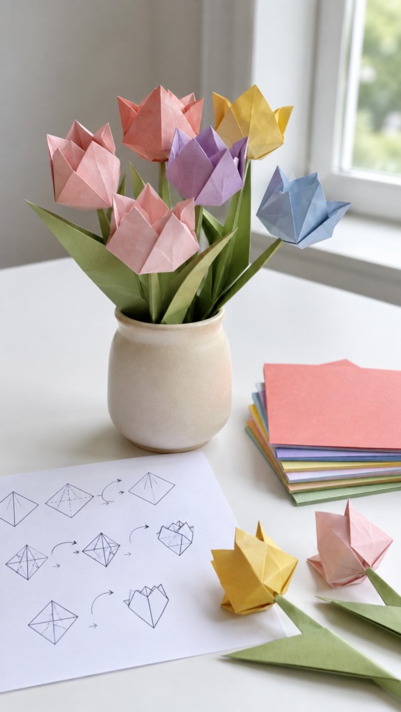 Cheerful-origami-flowers-in-a-cream-vase.