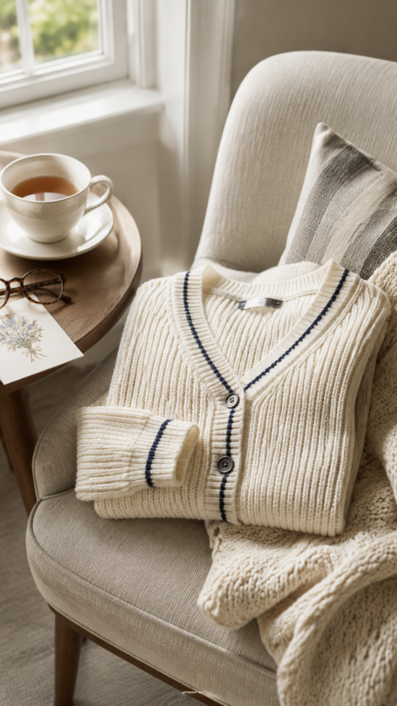 Cream-cardigan-in-a-cozy-reading-nook
